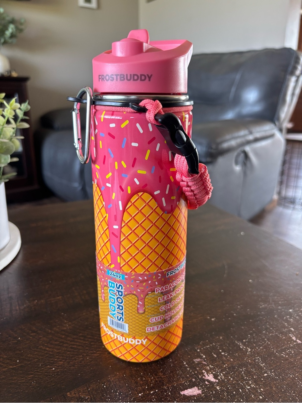 FrostBuddy Sports Buddy Pink Ice Cream Cone Sprinkles Sports Water Bottle 24oz